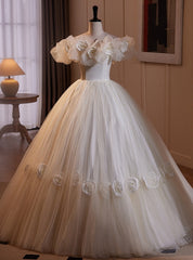 Ball Gown White Tulle 3D Flower Wedding Dress