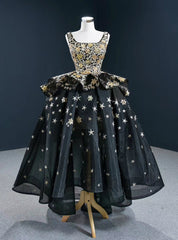 Be The Prom Queen Black Ball Gown Tulle  Square Star Sequins Prom Dresses