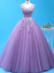 Be The Prom Queen In Purple Ball Gown Tulle V-neck Appliques Beading Quinceanera Dresses