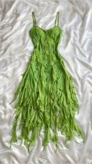 Beautiful A Line Spaghetti Straps Green Chiffon Prom Dresses With Ruffles