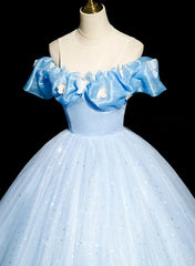 Beautiful Light Blue Tulle Off Shoulder Sweet 16 Dresses, Light Blue Formal Dresses