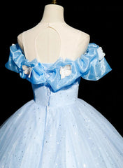 Beautiful Light Blue Tulle Off Shoulder Sweet 16 Dresses, Light Blue Formal Dresses