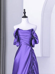 Beautiful Purple Satin Off Shoulder Formal Dresses, Purple Satin Evening Dresses Prom Dresses