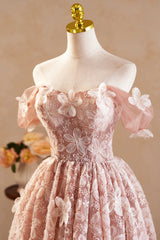 Beautiful Tulle Flower Knee Length Prom Dresses, Off the Shoulder Short Sleeve Evening Party Dresses