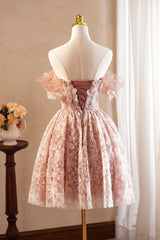 Beautiful Tulle Flower Knee Length Prom Dresses, Off the Shoulder Short Sleeve Evening Party Dresses