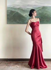 Beautiful Wine Red Satin Straps Long Evening Dresses Prom Dresses, Wine Red Party Dresses