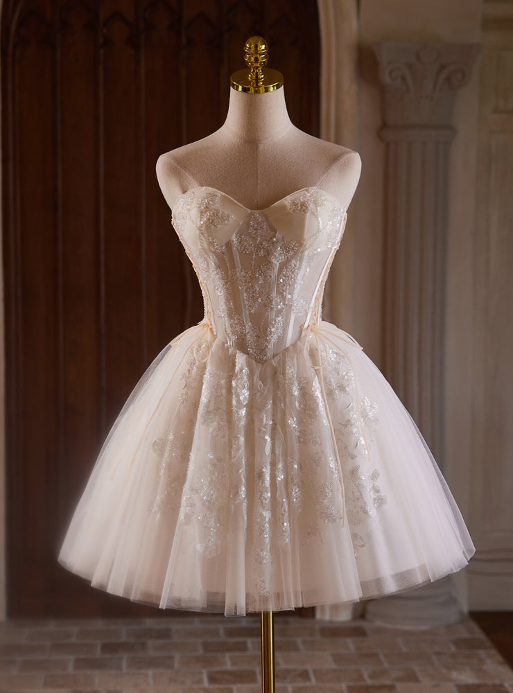 Beige Tulle Sweetheart Beading Homecoming Dress