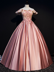 Best For You Pink Ball Gown Satin Off the Shoulder Appliques Beading Quinceanera Dresses