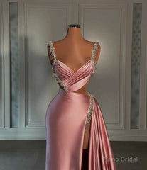 Glamorous Pink Prom Dress Sweetheart Spaghetti Strap With High Slit Trail