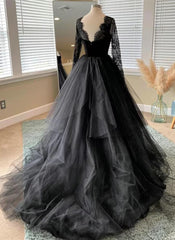 Black A-line Long Lace Sleeves Tulle Formal Dresses, Black Prom Dresses Party Dresses