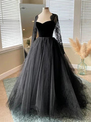 Black A-line Long Lace Sleeves Tulle Formal Dresses, Black Prom Dresses Party Dresses