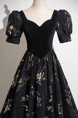 Black A-line Short Sleeves Sweetheart Floral Long PartY Dresses, Black Prom Dresses