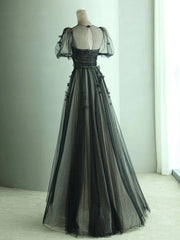 Black A-Line Tulle Butterfly Long Prom Dresses, Black Long Evening Dresses