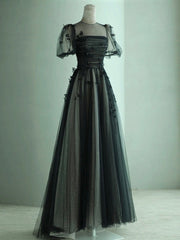 Black A-Line Tulle Butterfly Long Prom Dresses, Black Long Evening Dresses