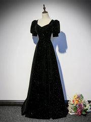 Black A-line Velvet Long Prom Dress Party Dress, Black Short Sleeves Prom Dress