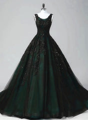 Black and Green Tulle with Lace Long Party Dresses, A-line Low Back Evening Dresses