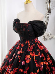 Black and Red Off Shoulder Floral Tulle Formal Dresses, Floor Length Party Dresses