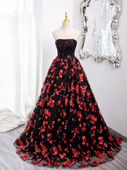 Black and Red Off Shoulder Floral Tulle Formal Dresses, Floor Length Party Dresses