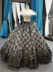 Black And White Ball Gown Off The Shoulder Lace Beading Haute Couture Prom Dresses With Feather