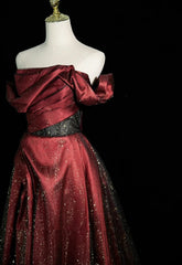 Black and Wine Red Satin Off Shoulder Formal Dresses, A-line Long Prom Dresses