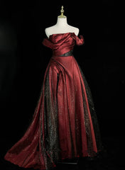 Black and Wine Red Satin Off Shoulder Formal Dresses, A-line Long Prom Dresses