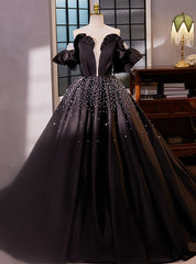 Black Ball Gown Short Sleeve Pearls Quinceanera Dresses