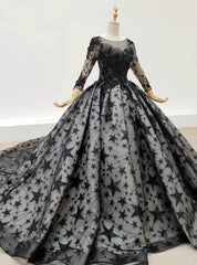 Black Ball Gown Tulle Star Sequins Long Sleeve Wedding Dresses