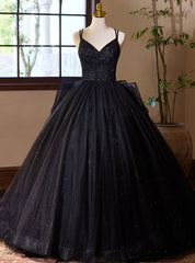 Black Ball Gown Tulle Straps Beading Quinceanera Dresses