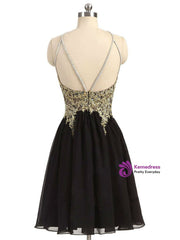 Black Chiffon Homecoming Dresses,Gold Beading Lace Halter Graduation Dresses