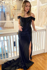 Black Corset Off the Shoulder Long Prom Dress with Slit