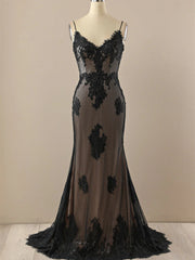 Black Mermaid Lace Straps Evening Dresses Party Dresses, Black Long Prom Dresses