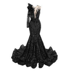 Black Mermaid One Sleeve Prom Dresses Sequined Lace Jewel Ruffles Evening Party Dresses with Appliques