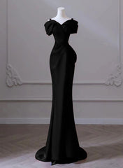 Black Mermaid Sweetheart Off Shoulder Prom Dresses, Black Satin Evening Dresses