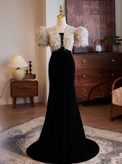 Black Mermaid Velvet Puff Sleeve Prom Dresses