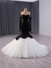 Black Mermaid White Tulle Long Sleeve Prom Dress