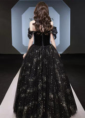 Black Off Shoulder Beaded Sweetheart Tulle Prom Dresses, Black Formal Dresses