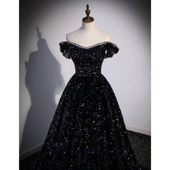 Black Off Shoulder Shiny Beaded Long Prom Dresses A-line Black Evening Dresses prom Dresses shops