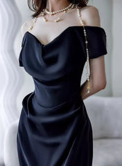 Black Off Shoulder Soft Satin Floor Length Party Dresses, Black Satin Evening Dresses