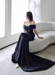 Black Off Shoulder Soft Satin Floor Length Party Dresses, Black Satin Evening Dresses