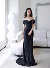 Black Off Shoulder Soft Satin Floor Length Party Dresses, Black Satin Evening Dresses