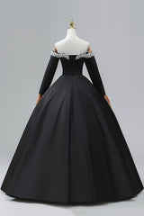 Black Off the Shoulder Pearls Long Sleeve Prom Dresses, A-Line Evening Party Dresses with Slit