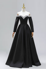 Black Off the Shoulder Pearls Long Sleeve Prom Dresses, A-Line Evening Party Dresses with Slit