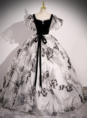 Black Print Velvet Square Quinceanera Dress