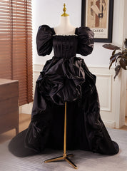 Black Satin  Square Puff Sleeve Prom Dresses