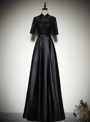 Black Satin Lace Short Sleeve Prom Dresses