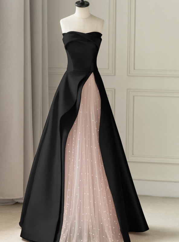 Black Satin Pink Tulle Strapless Prom Dress