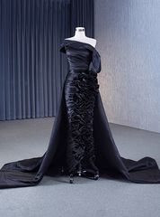 Black Satin Pleats Ruffles Prom Dresses