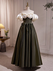 Black Satin Puff Sleeve Flower Prom Dresses