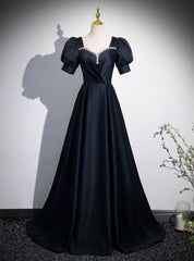 Black Satin Short Sleeve Pleats Prom Dresses