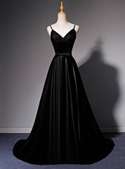 Black Satin Tulle Spaghetti Straps Prom Dresses